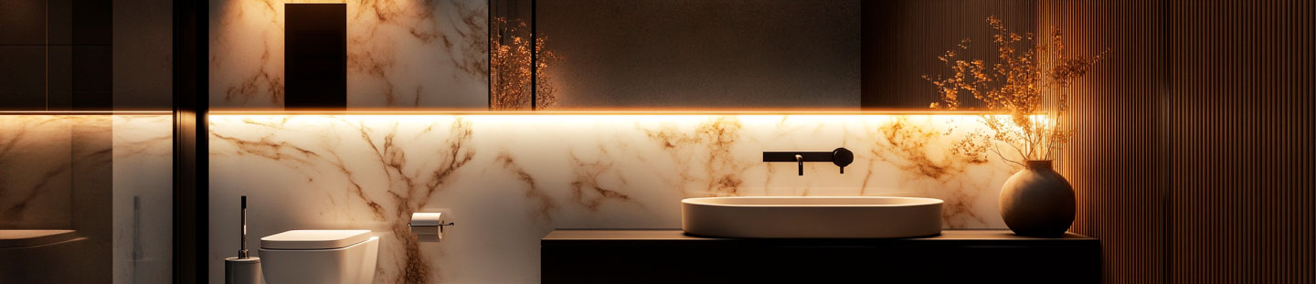 Elegantes Badezimmer mit Marmorwänden, beleuchtetem Spiegel und moderner Einrichtung